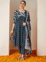 Women's Teal Blue Pure Cotton Floral Printed A-line Kurta Set