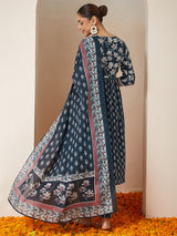 Women's Teal Blue Pure Cotton Floral Printed A-line Kurta Set