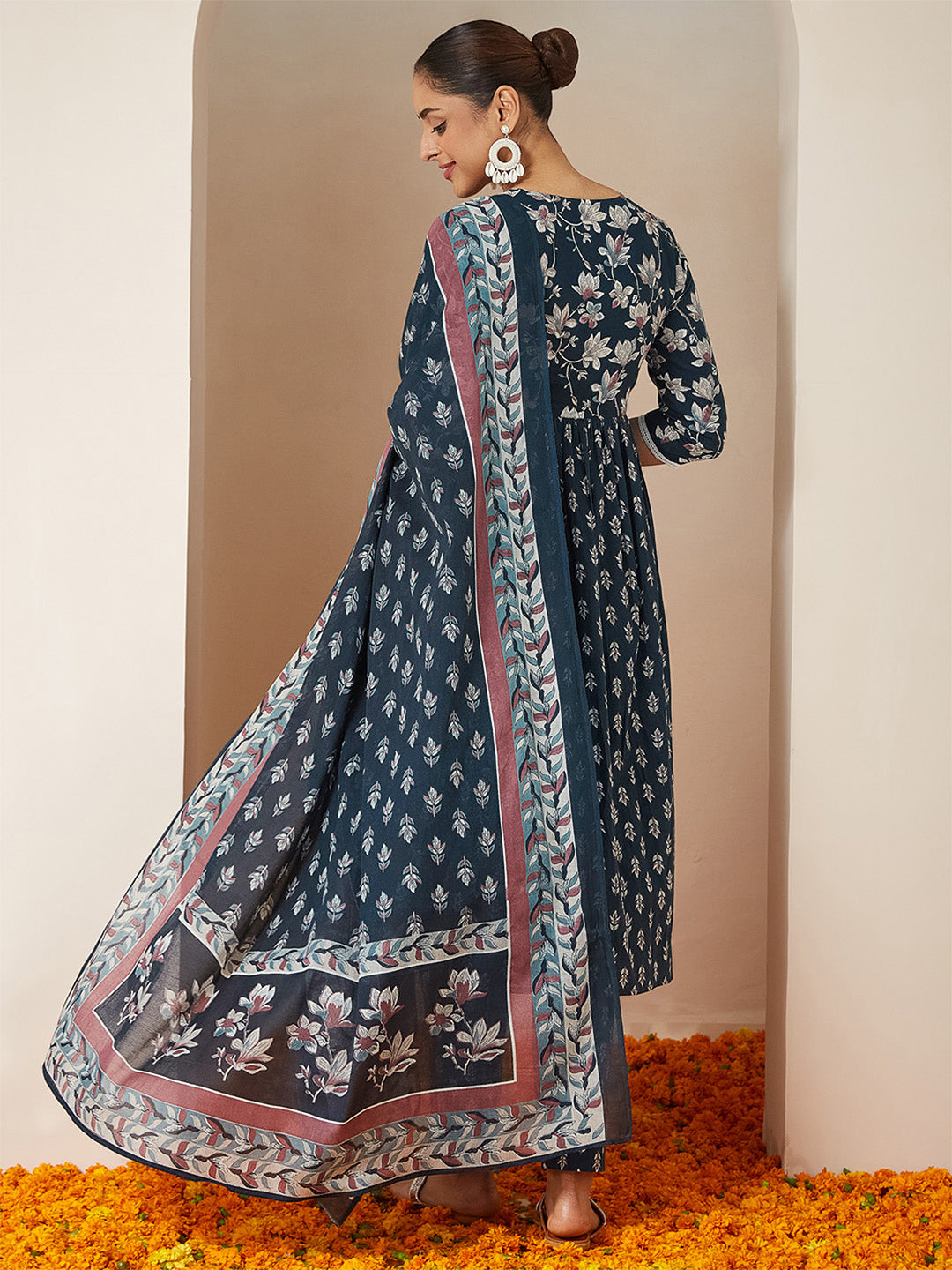 Women's Teal Blue Pure Cotton Floral Printed A-line Kurta Set