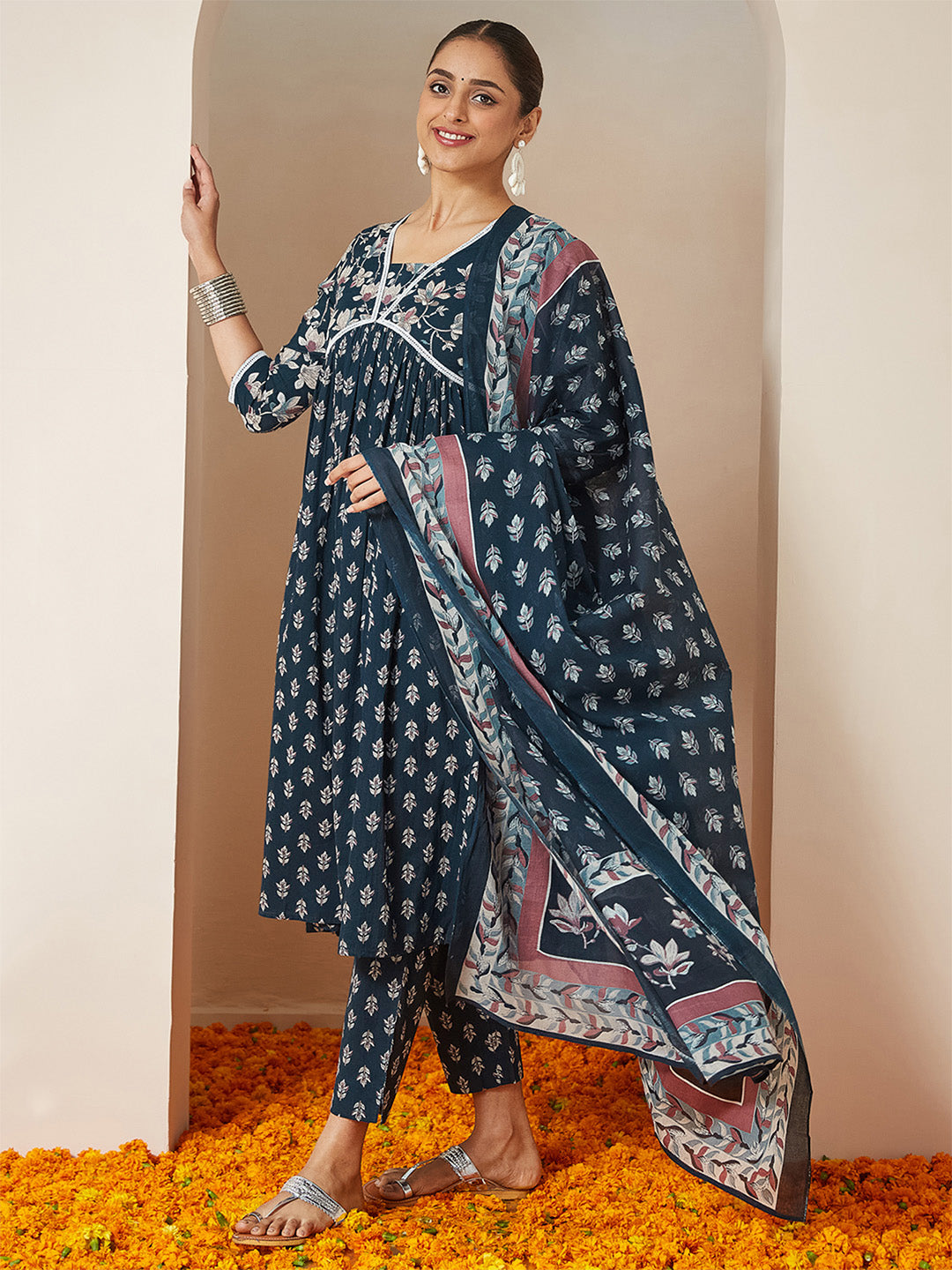 Women's Teal Blue Pure Cotton Floral Printed A-line Kurta Set