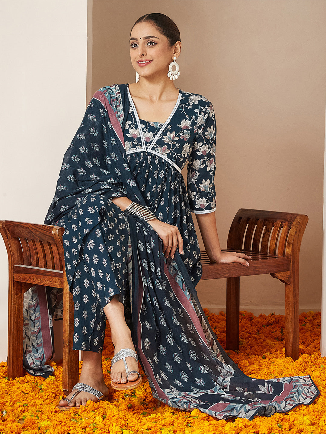 Women's Teal Blue Pure Cotton Floral Printed A-line Kurta Set