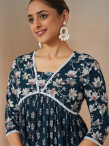 Women's Teal Blue Pure Cotton Floral Printed A-line Kurta Set