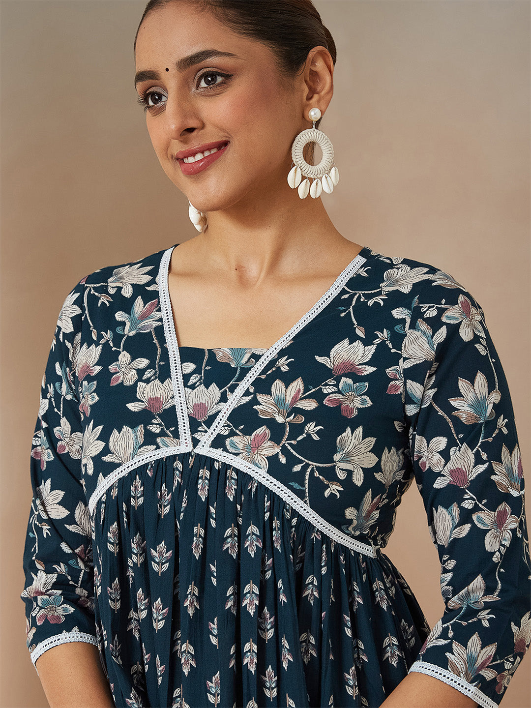 Women's Teal Blue Pure Cotton Floral Printed A-line Kurta Set