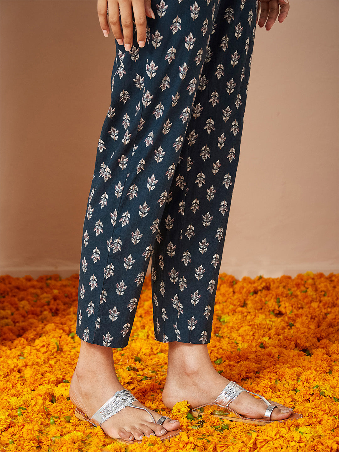 Women's Teal Blue Pure Cotton Floral Printed A-line Kurta Set