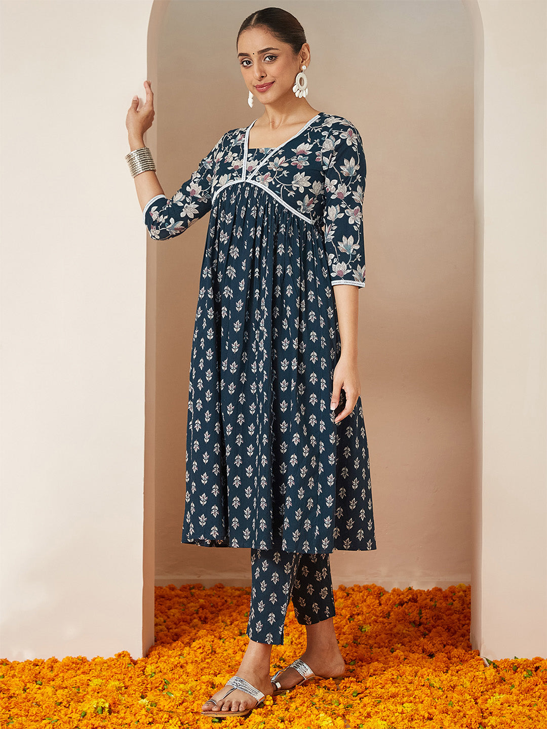 Women's Teal Blue Pure Cotton Floral Printed A-line Kurta Set