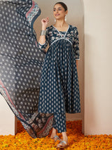 Women's Teal Blue Pure Cotton Floral Printed A-line Kurta Set