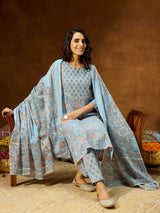 Women's Light Blue Pure Cotton Floral Printed Straight Kurta Set