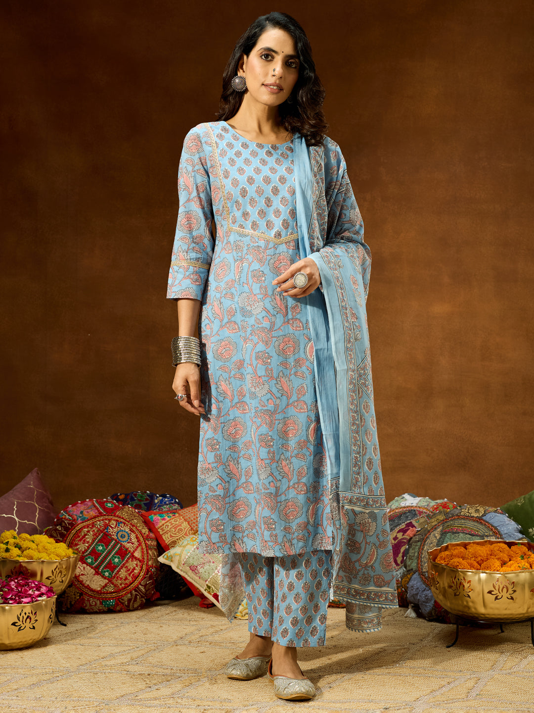 Women's Light Blue Pure Cotton Floral Printed Straight Kurta Set