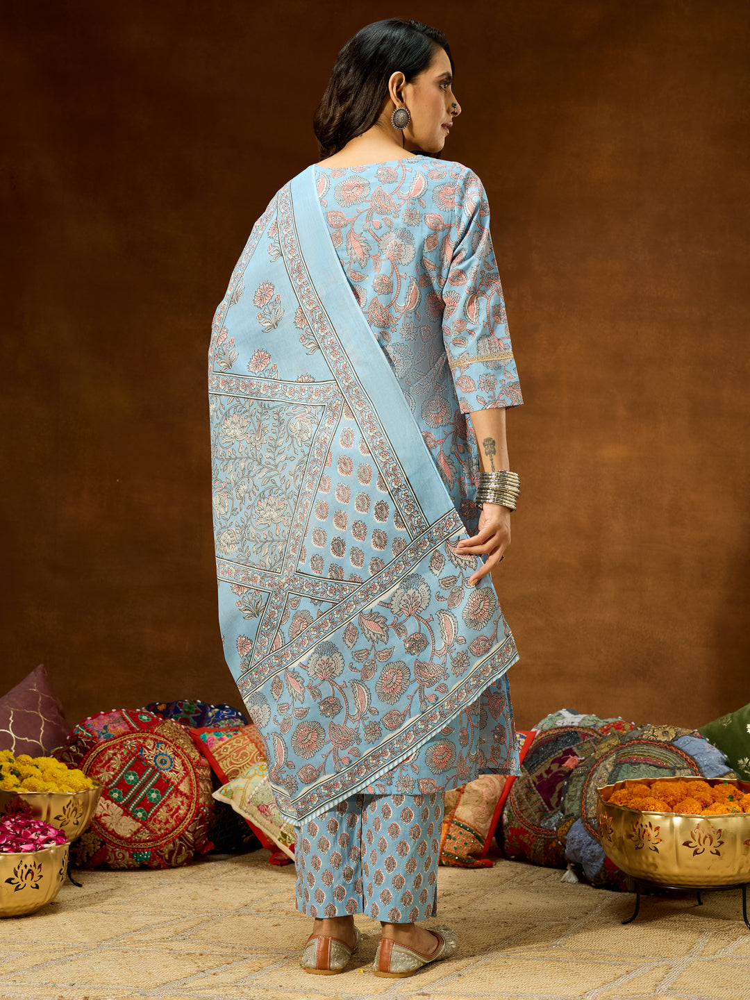 Women's Light Blue Pure Cotton Floral Printed Straight Kurta Set
