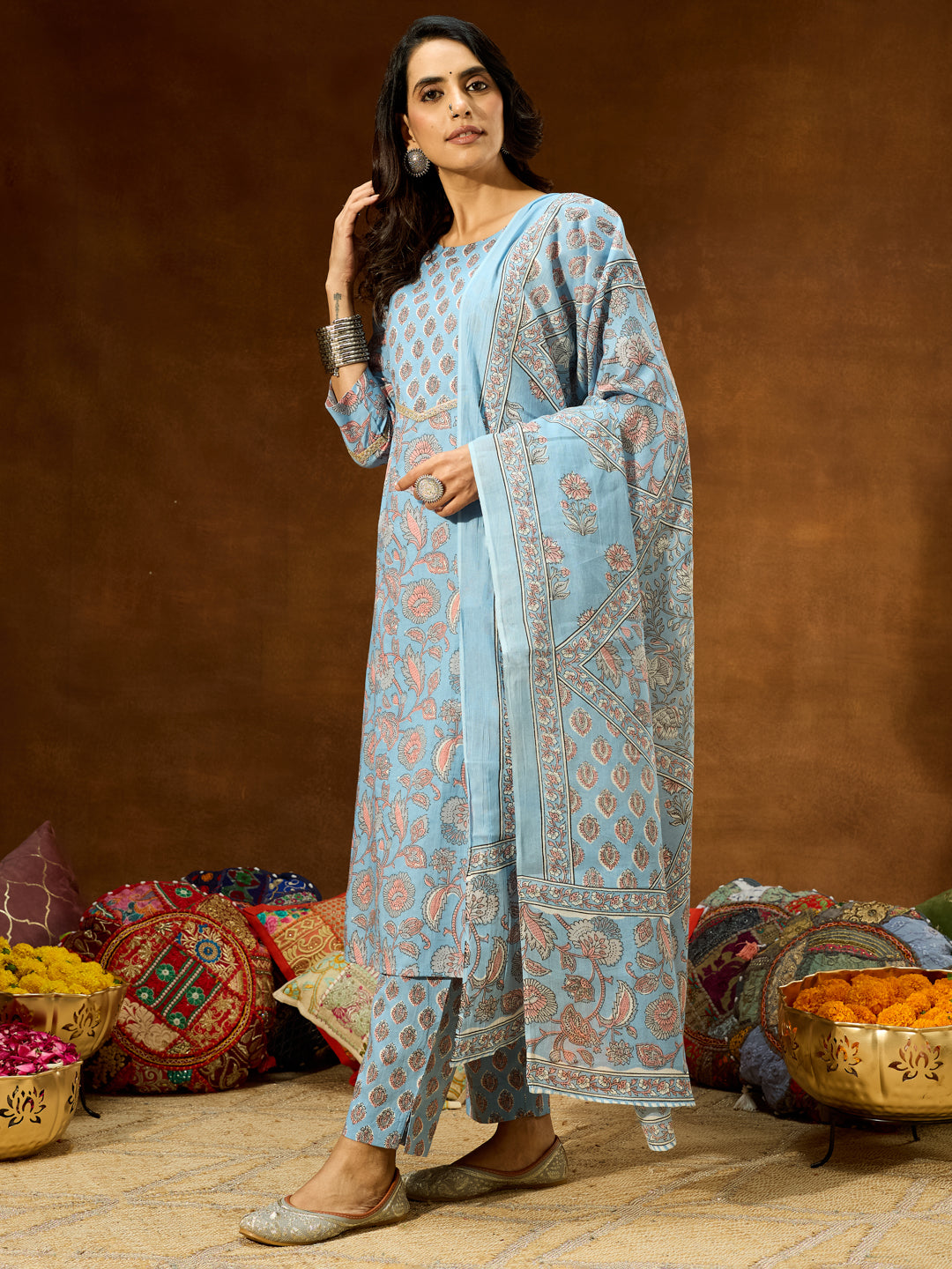 Women's Light Blue Pure Cotton Floral Printed Straight Kurta Set