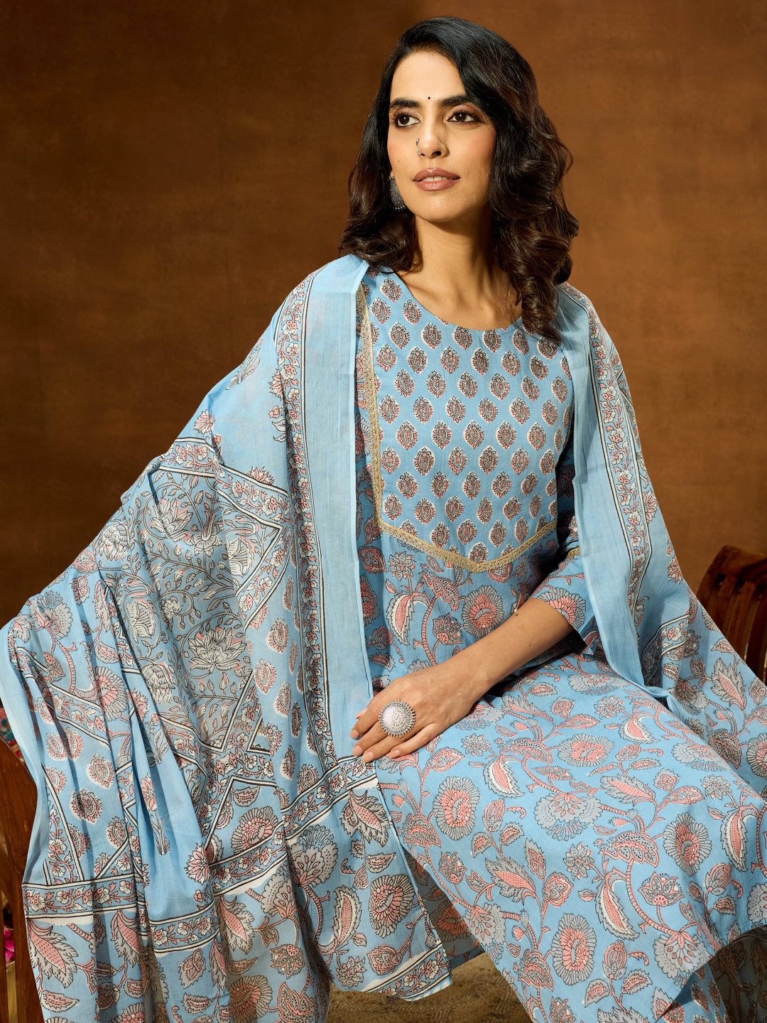 Women's Light Blue Pure Cotton Floral Printed Straight Kurta Set