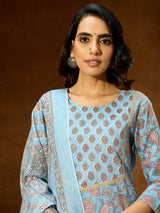 Women's Light Blue Pure Cotton Floral Printed Straight Kurta Set