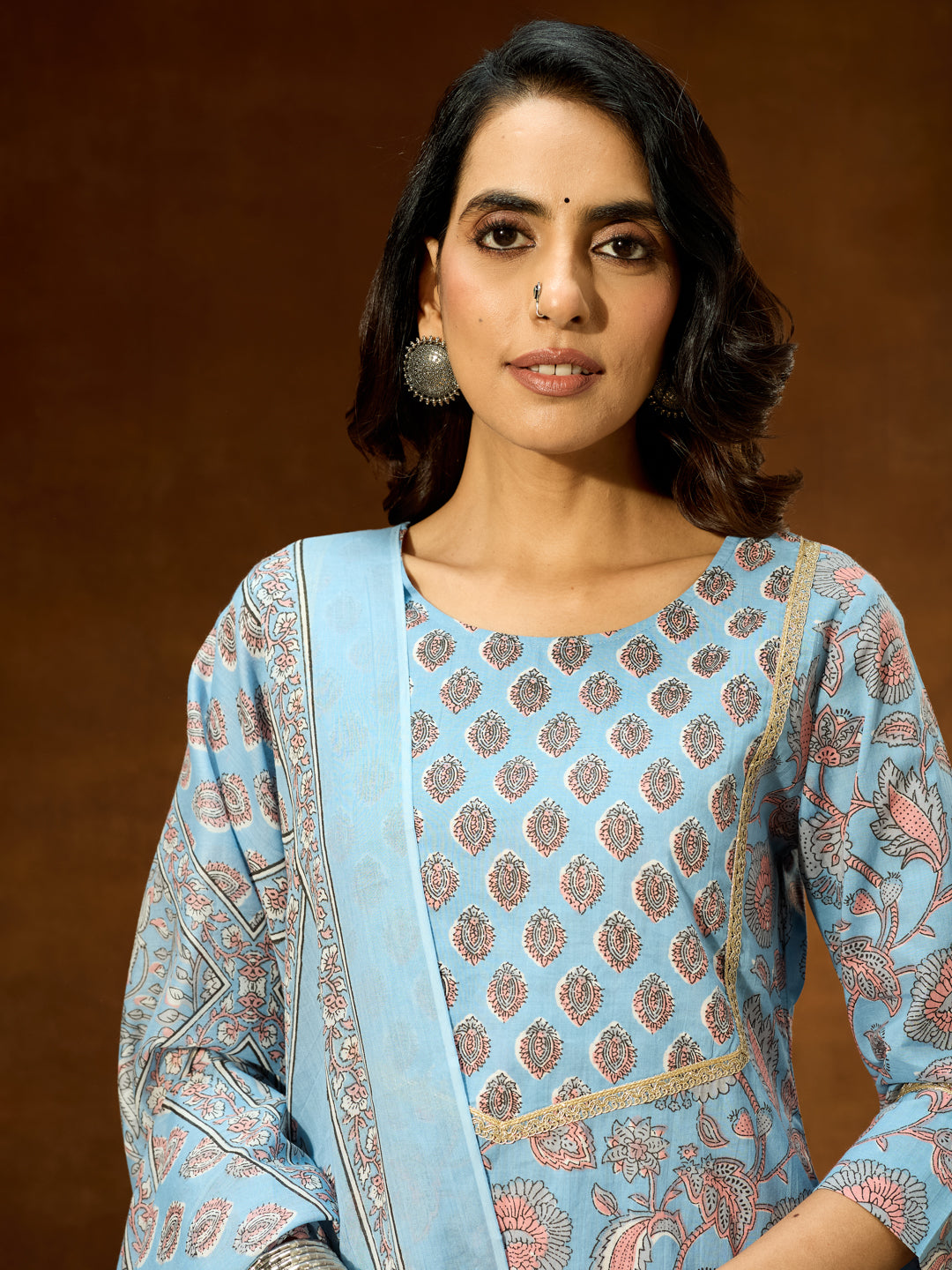 Women's Light Blue Pure Cotton Floral Printed Straight Kurta Set