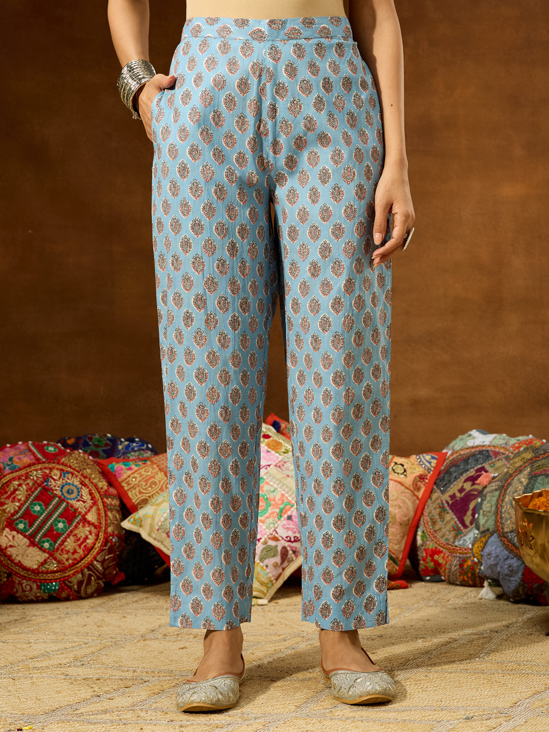 Women's Light Blue Pure Cotton Floral Printed Straight Kurta Set