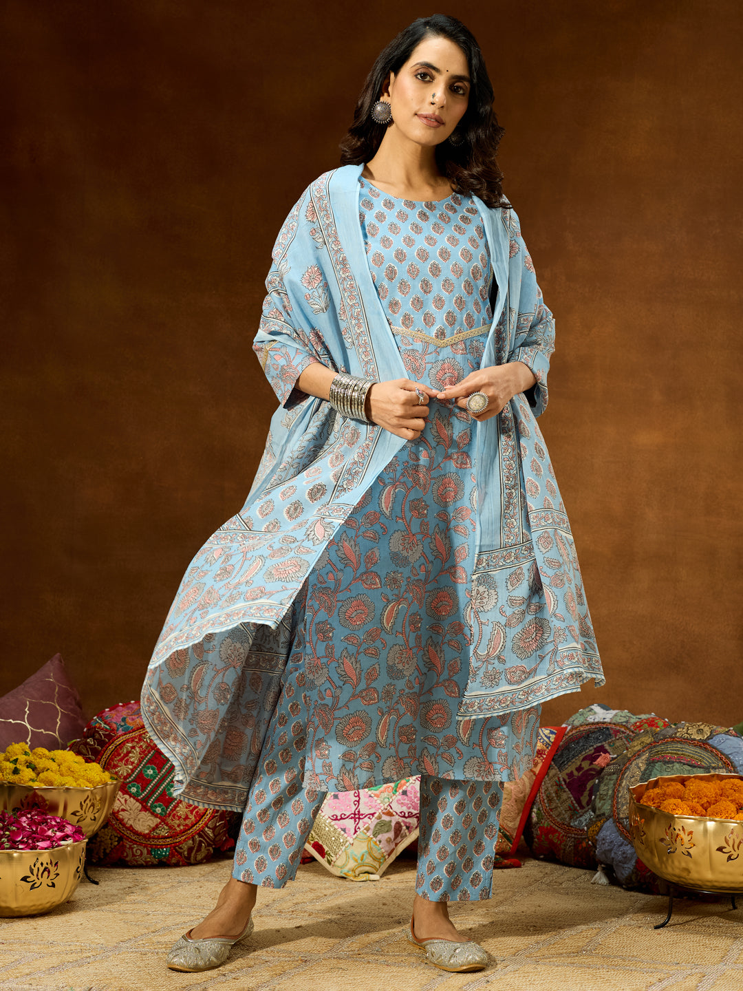 Women's Light Blue Pure Cotton Floral Printed Straight Kurta Set