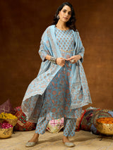Women's Light Blue Pure Cotton Floral Printed Straight Kurta Set