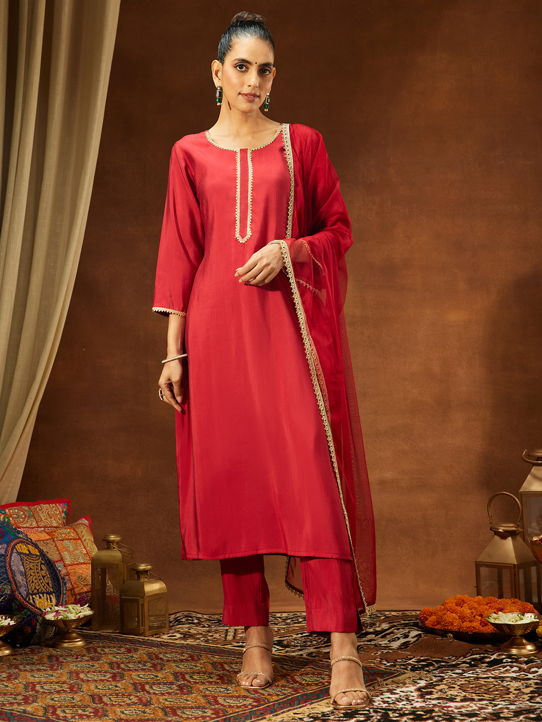 Women's Maroon Chanderi Silk Yoke Design Straight Kurta Set