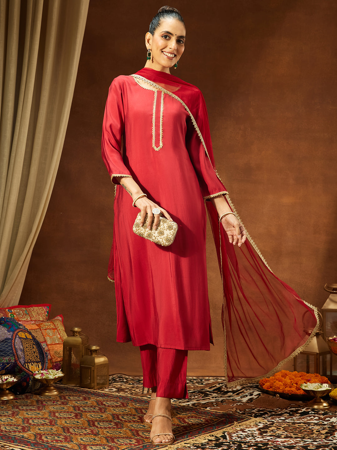 Women's Maroon Chanderi Silk Yoke Design Straight Kurta Set