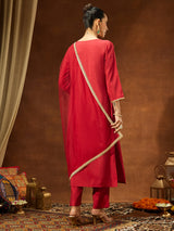 Women's Maroon Chanderi Silk Yoke Design Straight Kurta Set