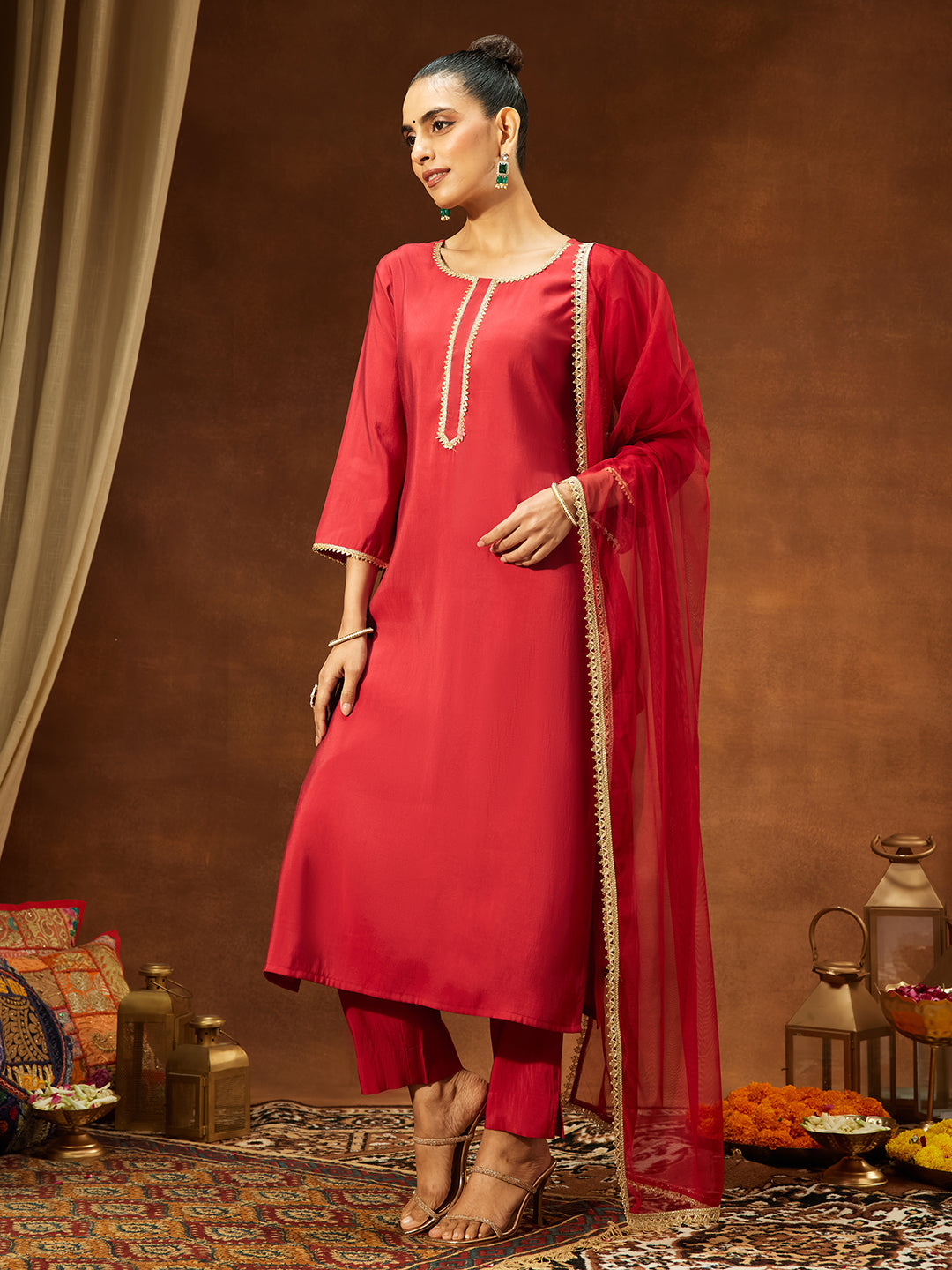 Women's Maroon Chanderi Silk Yoke Design Straight Kurta Set