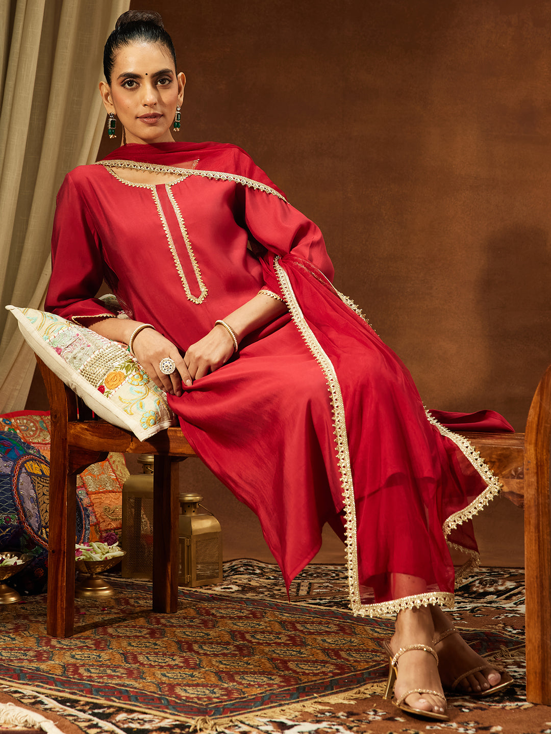 Women's Maroon Chanderi Silk Yoke Design Straight Kurta Set