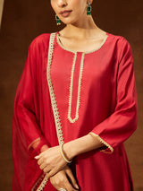 Women's Maroon Chanderi Silk Yoke Design Straight Kurta Set