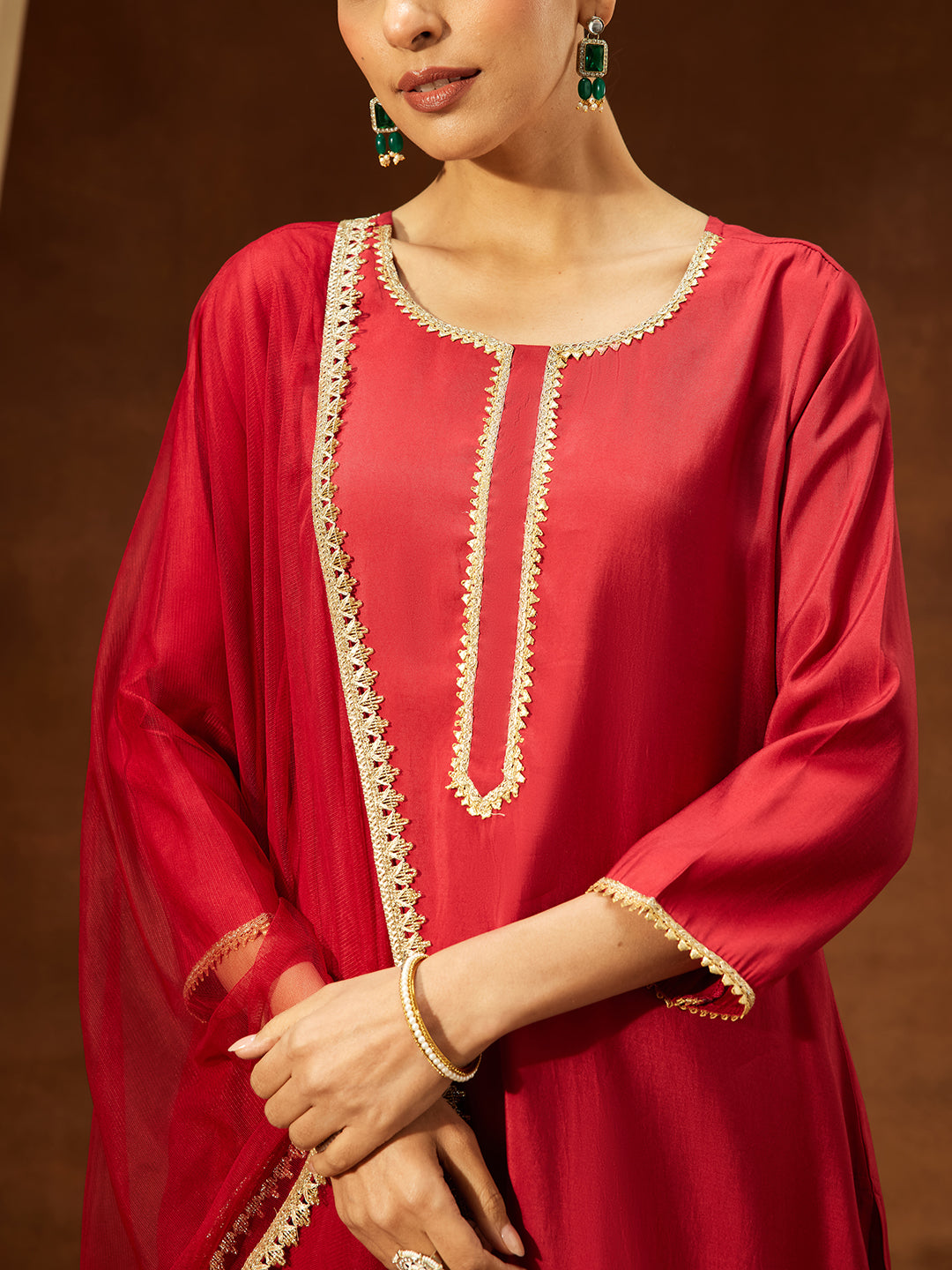 Women's Maroon Chanderi Silk Yoke Design Straight Kurta Set