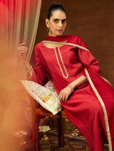 Women's Maroon Chanderi Silk Yoke Design Straight Kurta Set