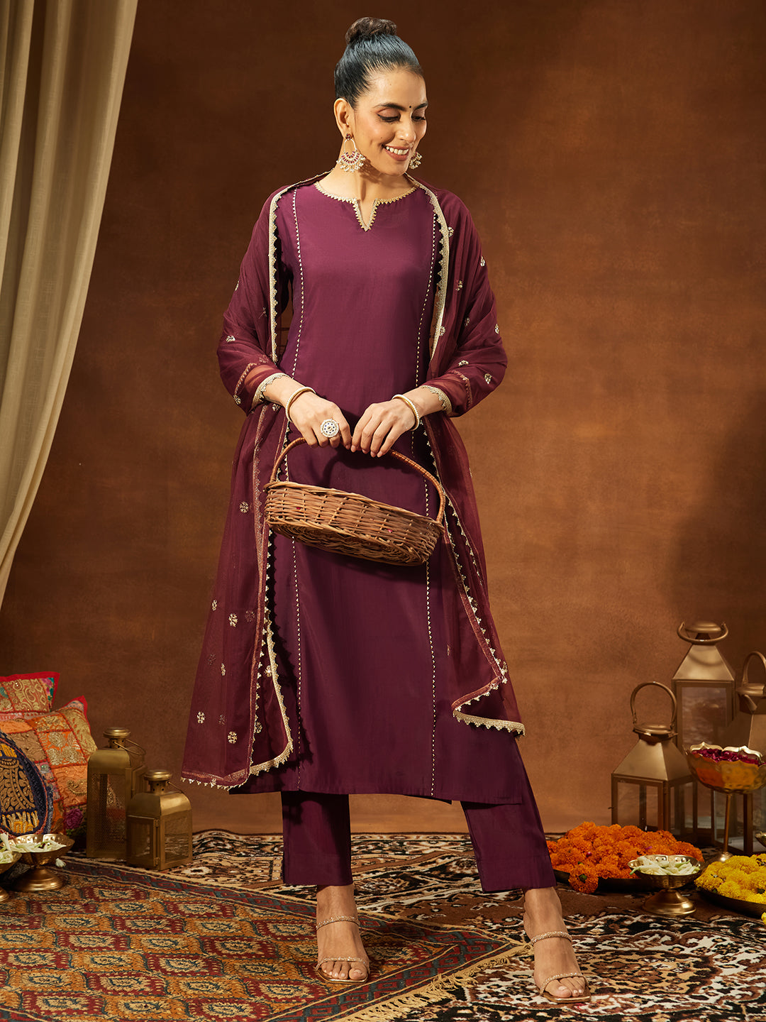 Women's Wine Chanderi Silk Embellished Straight Kurta Set