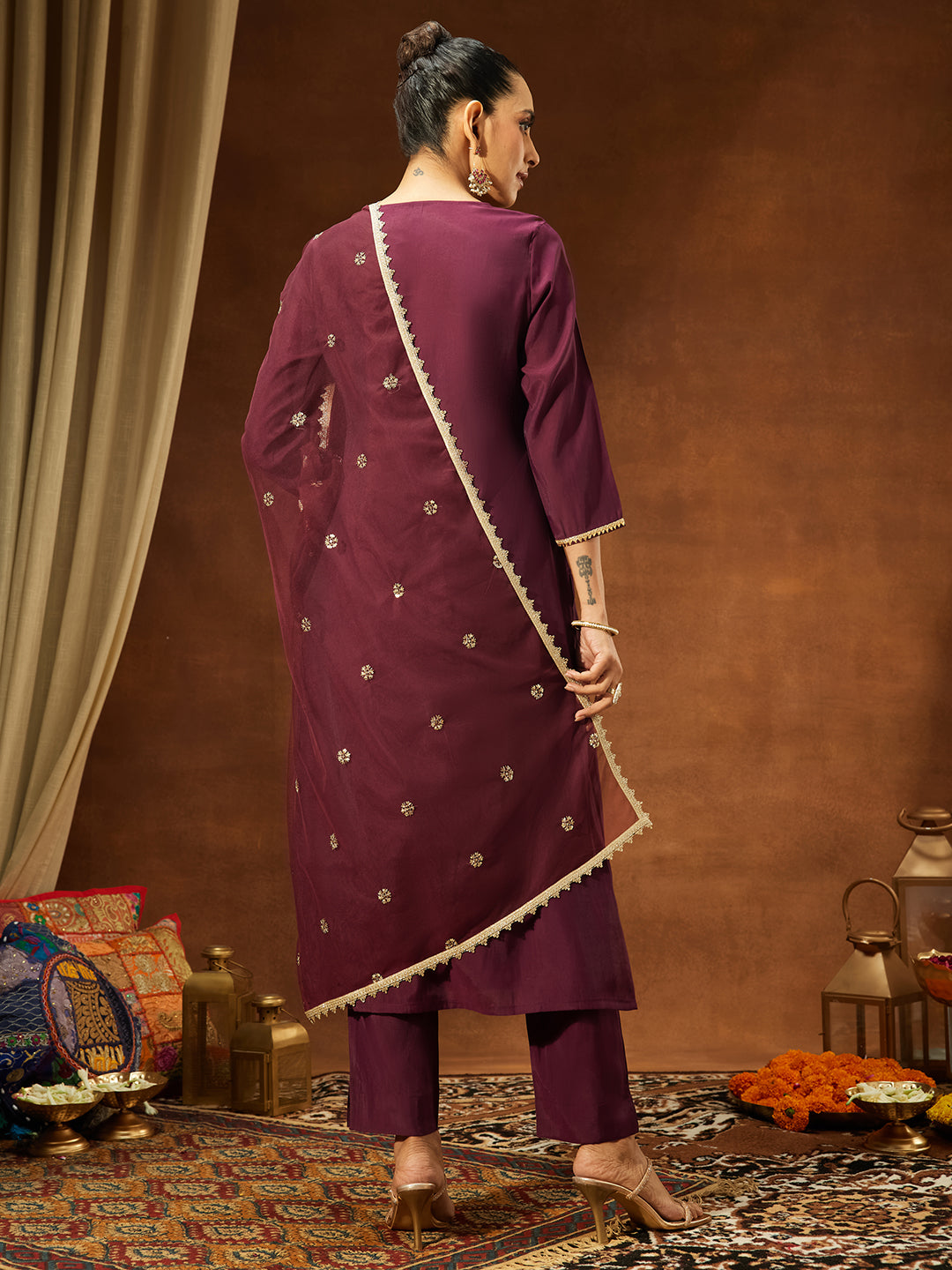 Women's Wine Chanderi Silk Embellished Straight Kurta Set