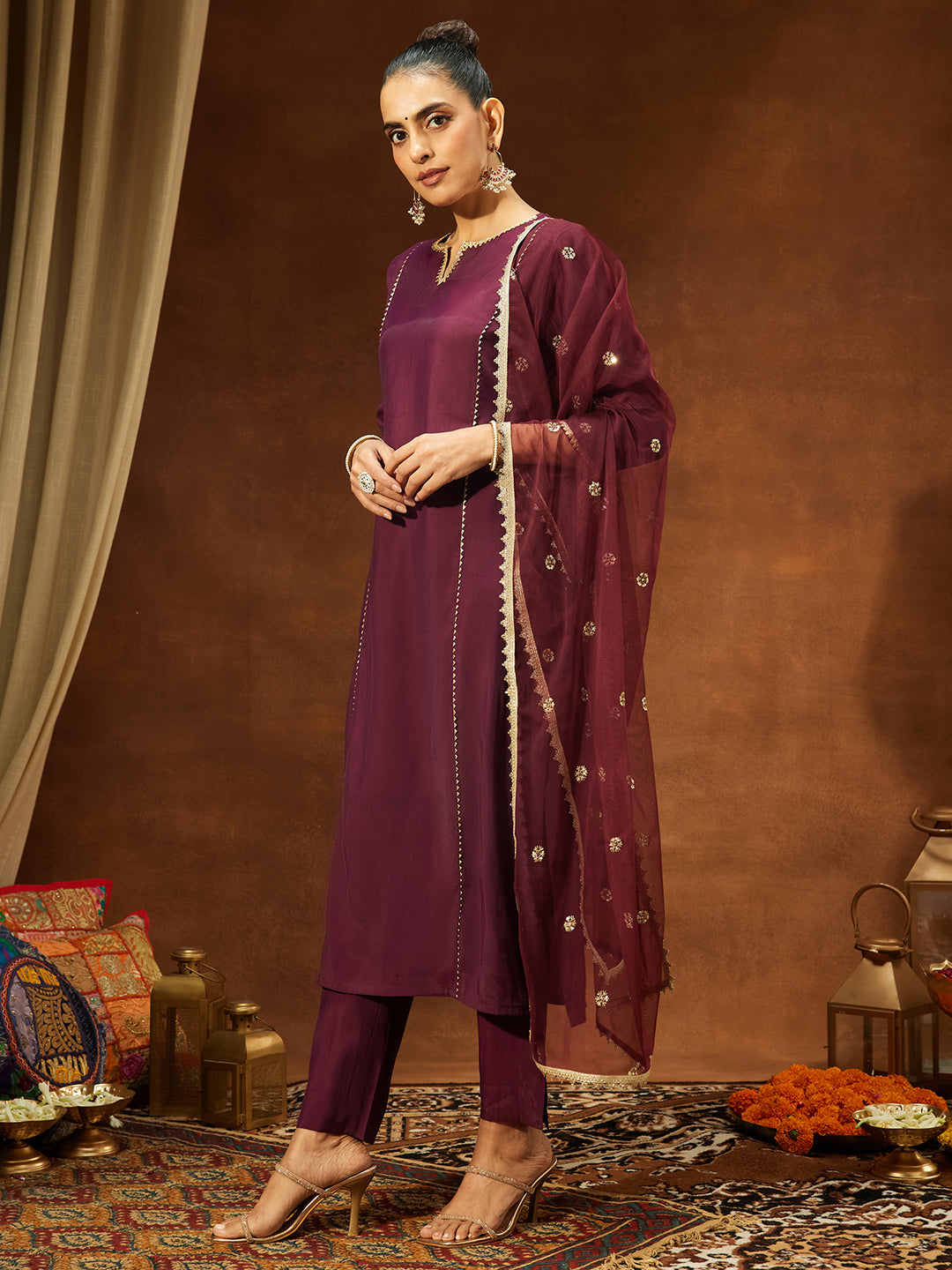 Women's Wine Chanderi Silk Embellished Straight Kurta Set
