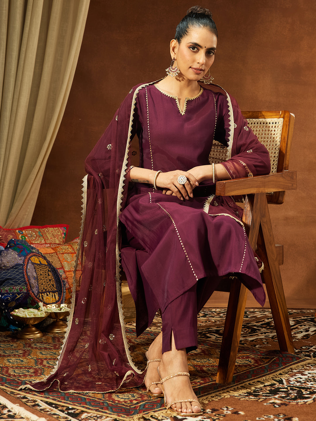 Women's Wine Chanderi Silk Embellished Straight Kurta Set