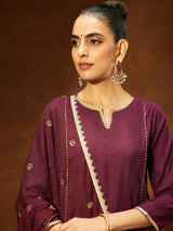 Women's Wine Chanderi Silk Embellished Straight Kurta Set