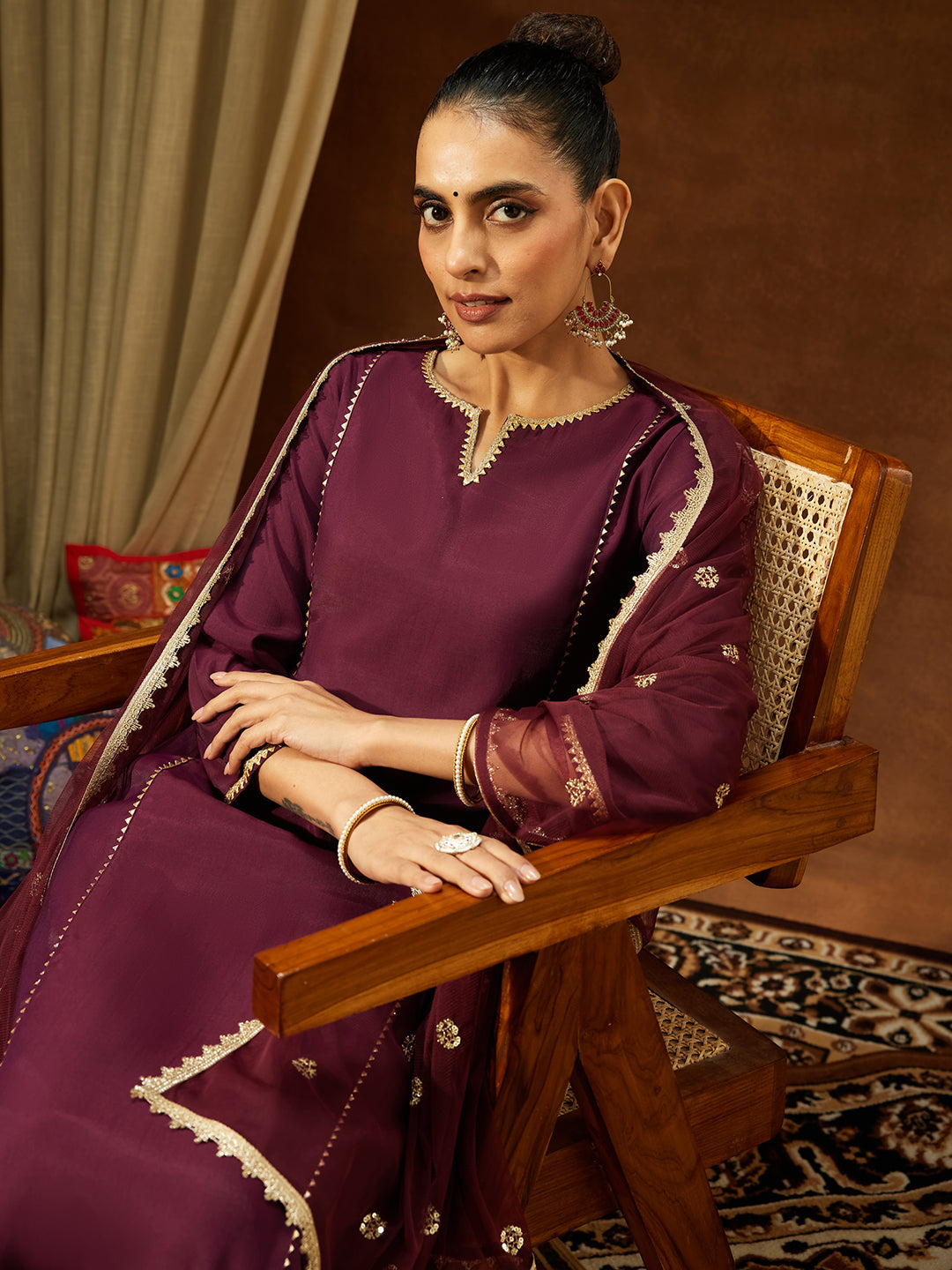 Women's Wine Chanderi Silk Embellished Straight Kurta Set