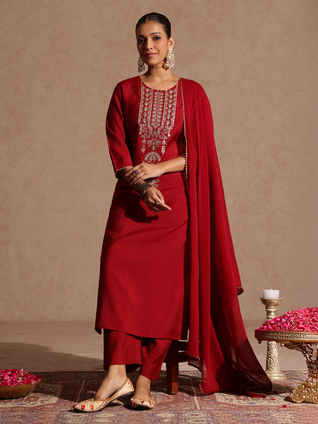 Women's Maroon Chanderi Silk Zari Yoke Embroidered Straight Kurta Set