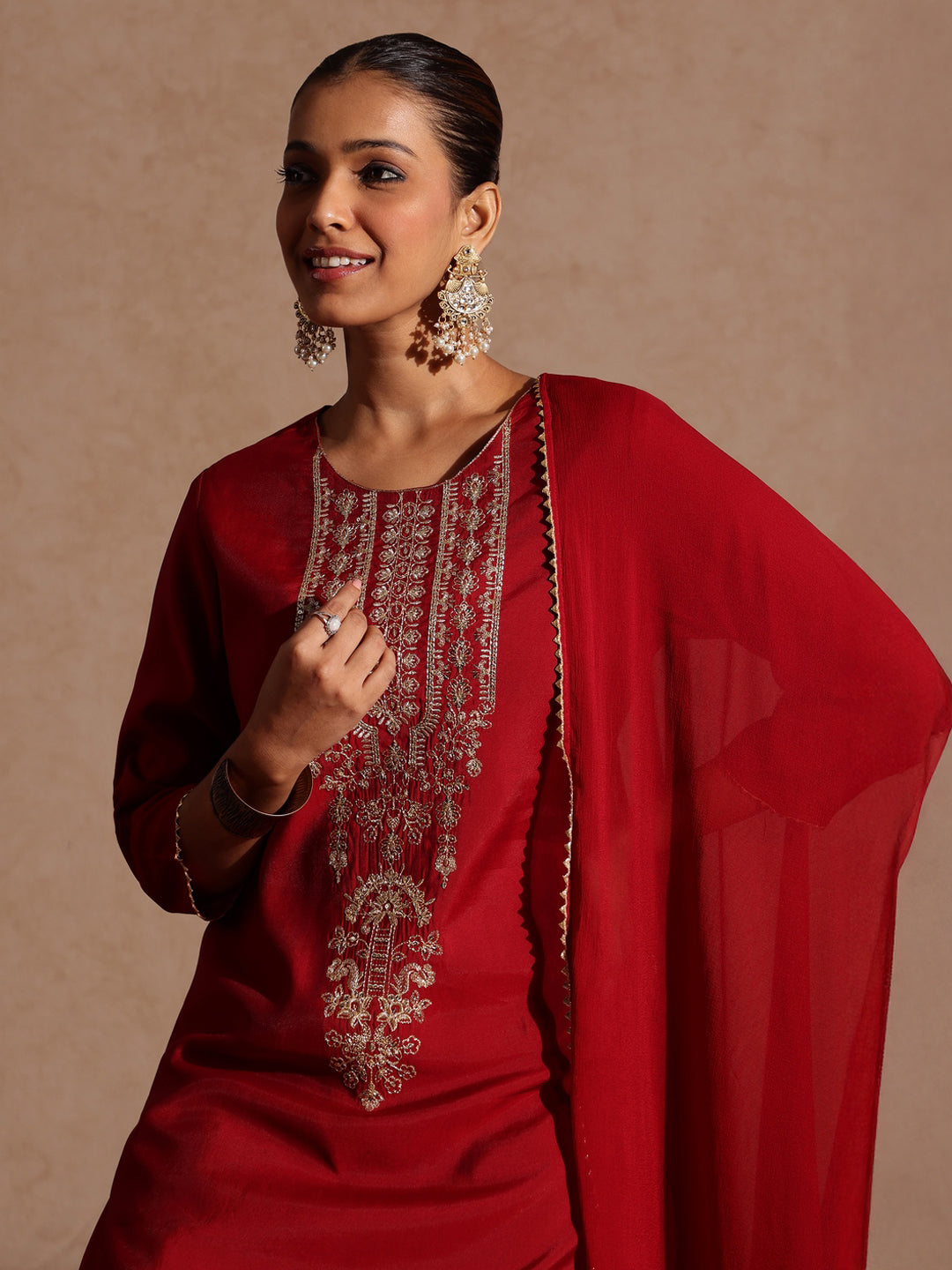 Women's Maroon Chanderi Silk Zari Yoke Embroidered Straight Kurta Set