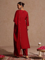 Women's Maroon Chanderi Silk Zari Yoke Embroidered Straight Kurta Set