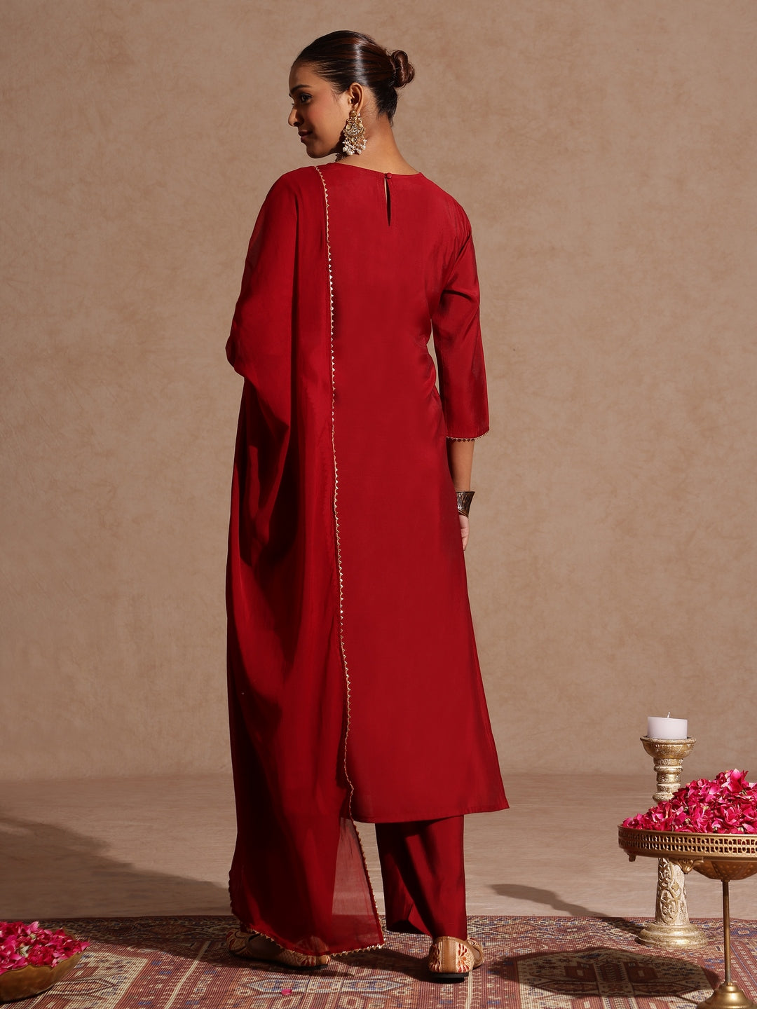 Women's Maroon Chanderi Silk Zari Yoke Embroidered Straight Kurta Set