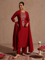 Women's Maroon Chanderi Silk Zari Yoke Embroidered Straight Kurta Set