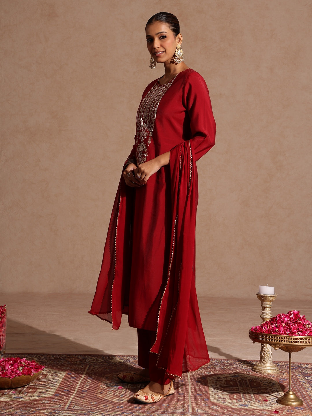 Women's Maroon Chanderi Silk Zari Yoke Embroidered Straight Kurta Set