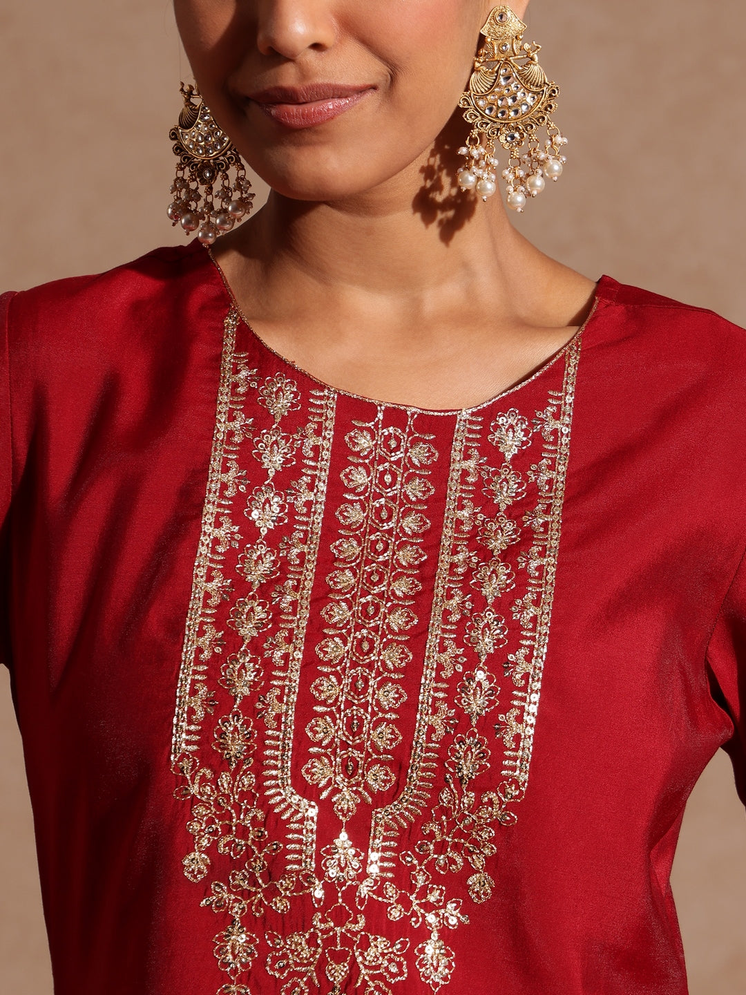 Women's Maroon Chanderi Silk Zari Yoke Embroidered Straight Kurta Set