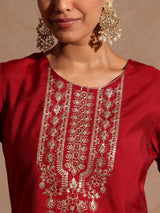 Women's Maroon Chanderi Silk Zari Yoke Embroidered Straight Kurta Set