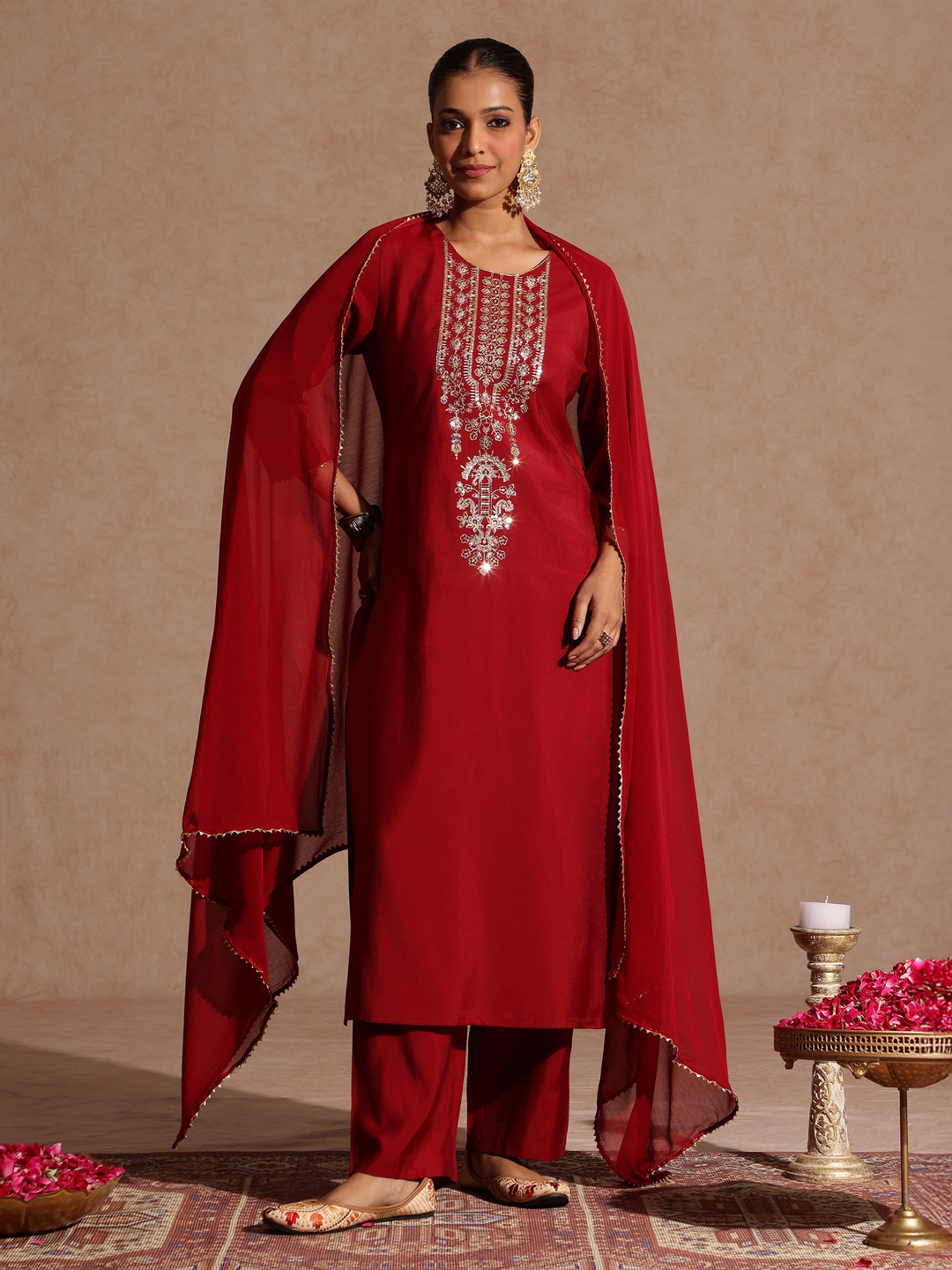 Women's Maroon Chanderi Silk Zari Yoke Embroidered Straight Kurta Set