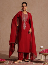 Women's Maroon Chanderi Silk Zari Yoke Embroidered Straight Kurta Set