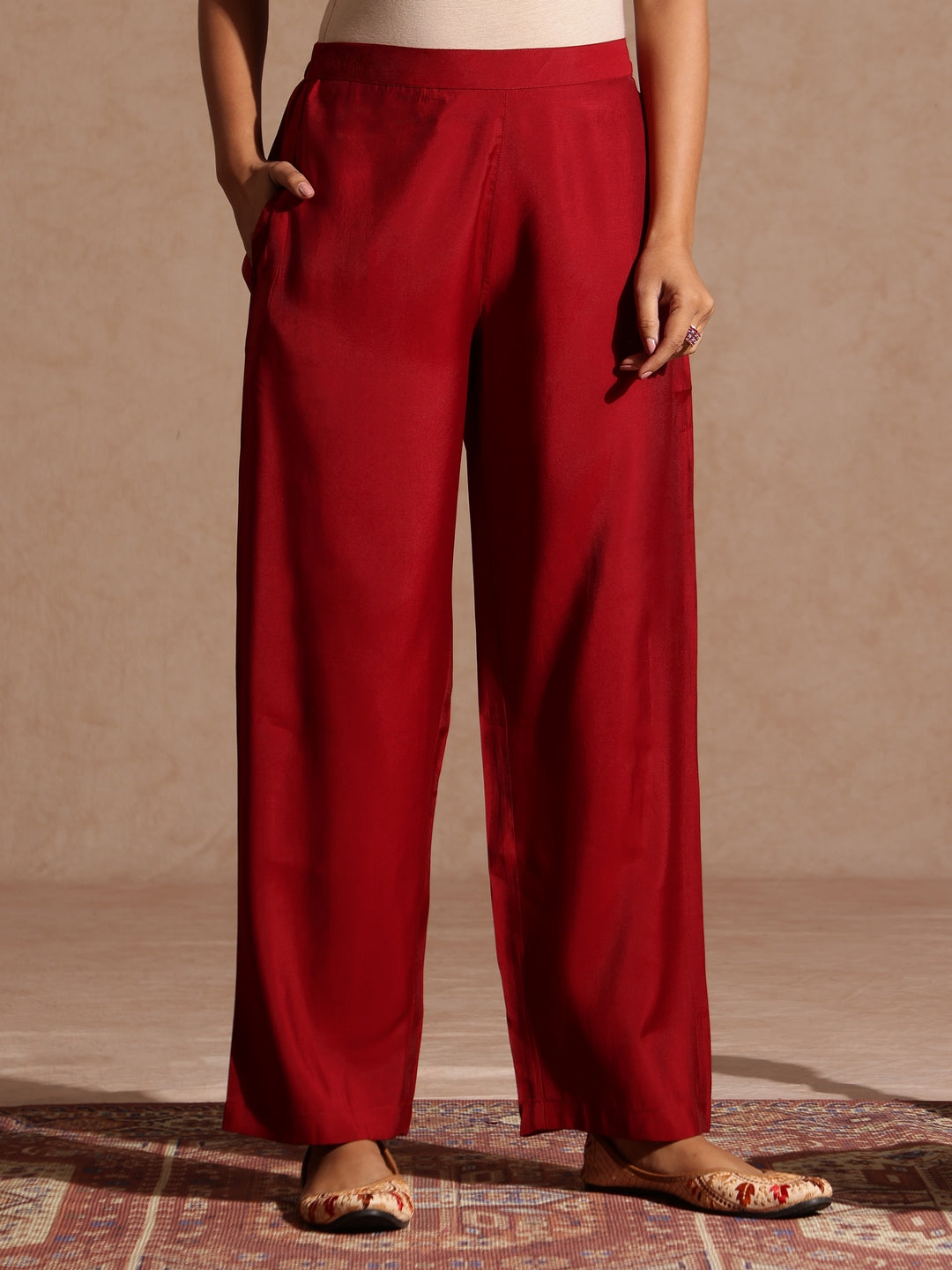 Women's Maroon Chanderi Silk Zari Yoke Embroidered Straight Kurta Set