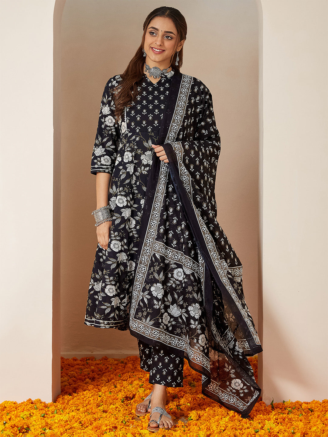 Women's Black Pure Cotton Floral Printed Anarkali Kurta Set