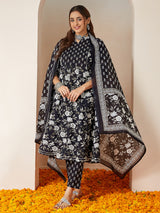 Women's Black Pure Cotton Floral Printed Anarkali Kurta Set