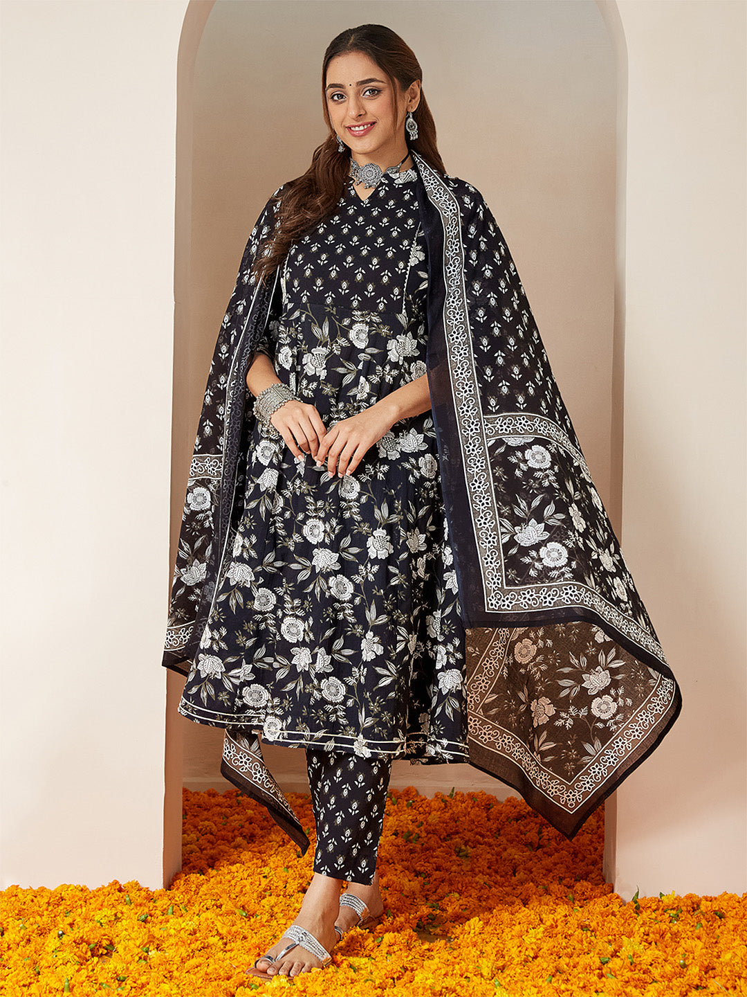 Women's Black Pure Cotton Floral Printed Anarkali Kurta Set