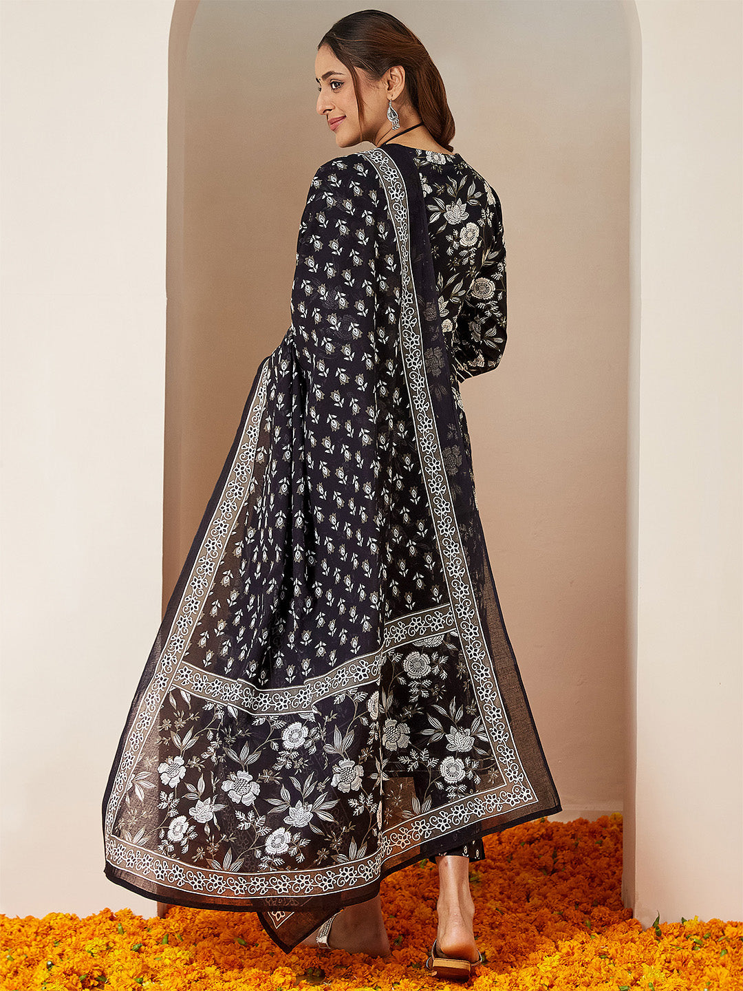 Women's Black Pure Cotton Floral Printed Anarkali Kurta Set