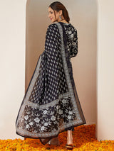 Women's Black Pure Cotton Floral Printed Anarkali Kurta Set